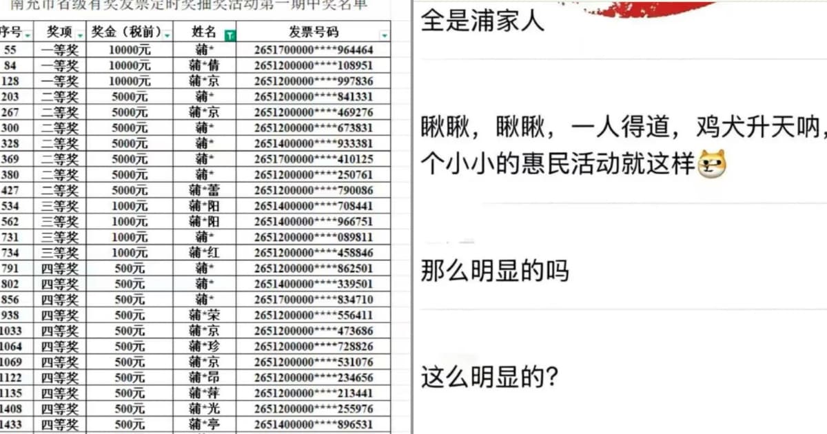 四川南充有獎發票中獎者多數姓蒲？ 官方闢謠引質疑