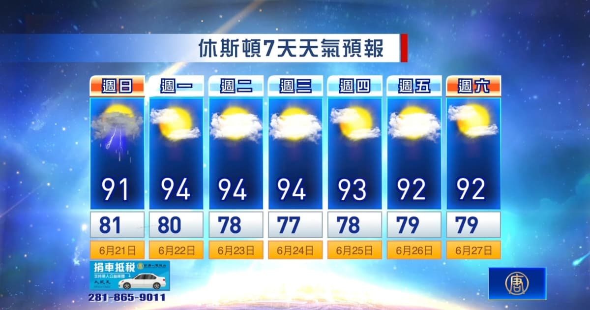 休斯頓天氣預報(6月21日至27日)