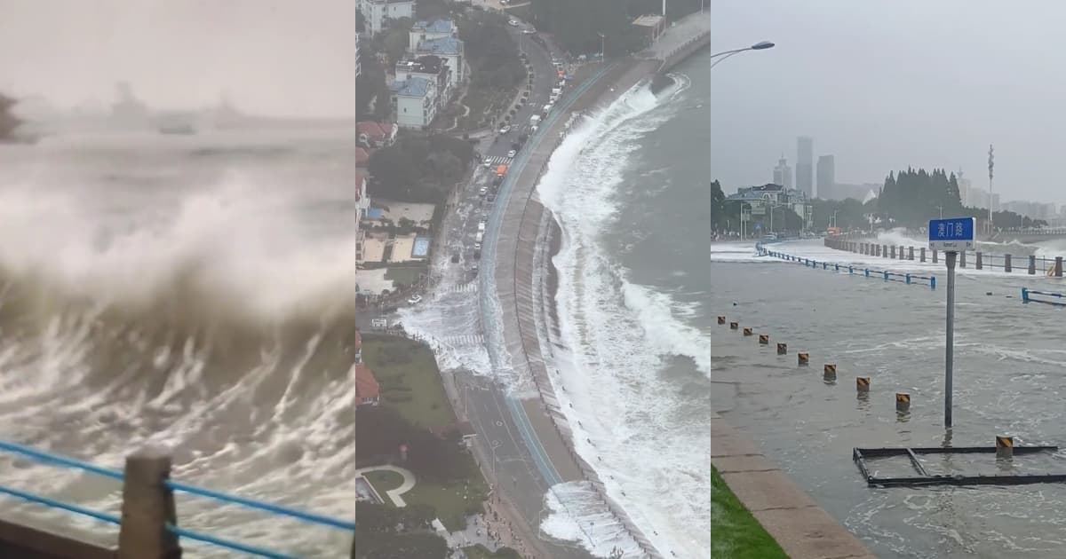 颱風「巴威」掀巨浪 青島海水倒灌淹沒道路(視頻)