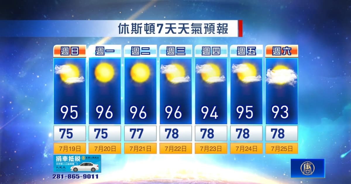 休斯頓天氣預報(7月19日至25日)